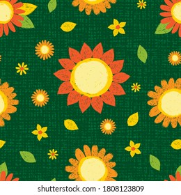 Vector colorful textured sunflowers and daisy pen sketch repeat pattern with green canvas background. Suitable for textile, gift wrap and wallpaper.