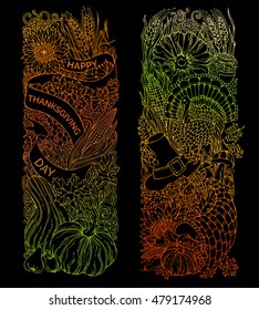 Vector colorful Thanksgiving vertical ornaments isolated on black background. Turkey, pumpkin, corn, horn of plenty, apple, pear, hazelnut, pilgrim's hat, wheat and others. Hand-drawn design elements.