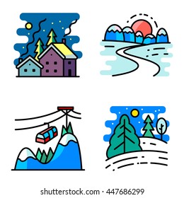 Vector colorful thin simply icons set with winter cute landscapes in line art style. Collection of night Christmas snowy houses, sunrise or sunset in mountains, lift at the peak and day in the forest 