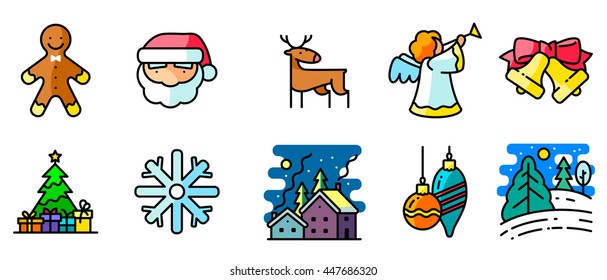 Vector colorful thin simply icons set with winter and Christmas holidays in line art style. Christmas tree with gifts, night snowy landscape, decorations toys, Santa and angel, Gingerbredman with deer