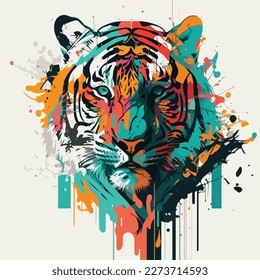 A vector colorful tiger in a minimalist pop art style, with a simplified color palette and bold, graphic shapes