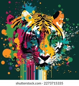 A vector colorful tiger with a pop art background featuring colorful dots and lines, creating a dynamic and eye-catching composition