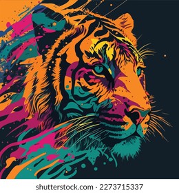 A vector colorful tiger with a pop art background featuring colorful dots and lines, creating a dynamic and eye-catching composition