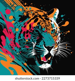 A vector colorful tiger with a pop art background featuring colorful dots and lines, creating a dynamic and eye-catching composition