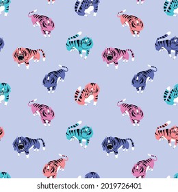 Vector colorful tiger seamless pattern on light blue background. Funny characters in different poses. Vector cute zoo pattern design for kids.