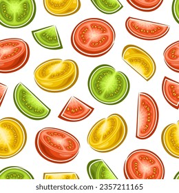 Vector Colorful Tomato seamless pattern, repeat background with chopped ripe garden tomatoes for bed linen, decorative square poster with group of flat lay juicy tomato fruits for home interior decor