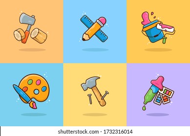 Juego de herramientas de color vectorial. Hermosa caricatura de ilustración plana. Insignias adecuadas para página web, banner, volante, pegatina, tarjeta. Ax, pipeta, cubo y rodillo de pintura, martillo, Cepillo y paleta.