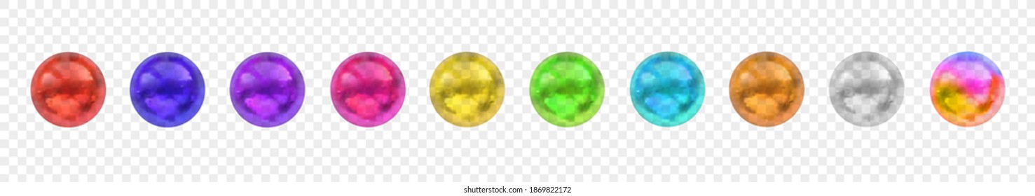 Vector Colorful Transparent Spheres Set, Realistic 3D Objects, Glass Balls, Shiny Decoration Elements Isolated on Light Transparent Background.