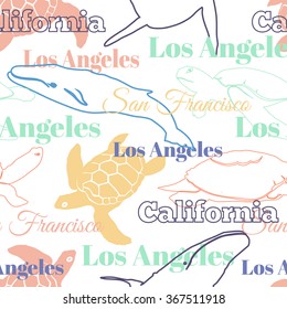 Vector Colorful Travel California Cities Animals Seamless Pattern with Los Angeles, San Francisco, Turtles, and Whales.