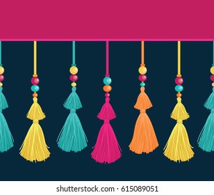 Vector Colorful Trim Decorative Tassels, Beads, And Ropes Horizontal Seamless Repeat Border Pattern. Great for handmade cards, invitations, wallpaper, packaging, nursery designs.