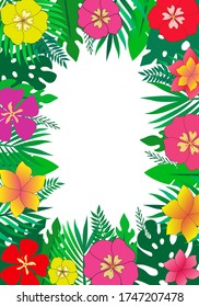Vector colorful tropical frame. Design for  greeting cards, invitations, borders and banners.