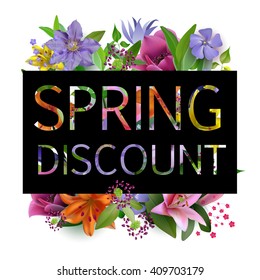 Vector colorful tropical quote in square frame. Spring discount.
Greeting  card, romantic poster, banner, cover. Tropical print slogan. For t-shirt or other uses
