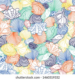 Vector colorful tropical repeat pattern with variety of overlaping seashells. Perfect for fabric, scrapbooking, wallpaper projects.