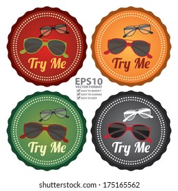 Vector : Colorful Try Me With Glasses Sign Icon, Badge, Label, Button or Sticker for Promotional Sale or Marketing Campaign Isolated on White Background