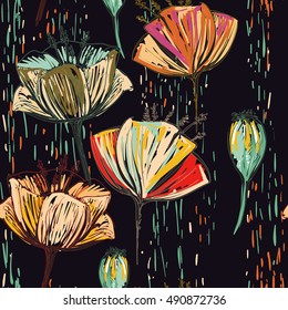 Vector colorful tulips on the black background. Seamless pattern can be used for wallpapers, web page backgrounds, surface textures