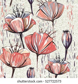 Vector colorful tulips on the texture background. Stylized drawn flowers backdrop. Seamless pattern for wallpapers, pattern fills, web page backgrounds, surface textures, fabric, carpet, home decor