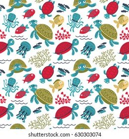 Vector colorful turtles underwater with fish seamless pattern. Marine life cartoon background. Backdrop with sea animals and plants. 