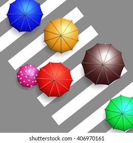 Vector colorful umbrellas on crosswalk aerial view