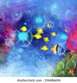 Vector colorful underwater world. Watercolor background. Abstract drawing inks. Fish, algae, coral, flora ocean, the author's work.