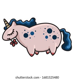 Vector colorful unicorn illustration. Happy unicorn with closed eyes in funny pose. Cute illustration for children's designs. Scandinavian nursery.