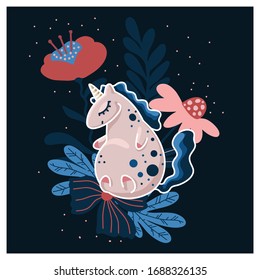 Vector colorful unicorn illustration. Happy unicorn with closed eyes with floral bouquet. Cute illustration for children's designs. Scandinavian nursery.