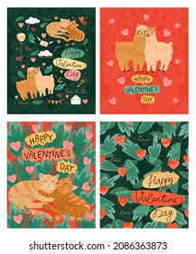 Vector colorful Valentines Day card set with cute illustrations of animals in love. Flyers, brochure, banner, invitation, poster