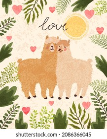 Vector colorful Valentines Day greeting card with cute illustration a couple of llamas in love. Flyers, invitation, poster, brochure, banner