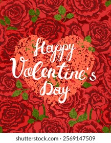 Vector Colorful Valentines Day Greeting Card with Illustration of Red Rose and Handwriting Lettering - Happy Valentine's day