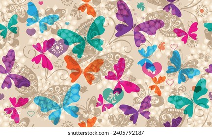 Patrón vectorial de valentinas coloridas con mariposas, corazones y flores en estilo doodle sobre fondo claro