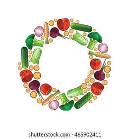 Vector colorful vegetables frame on white background.