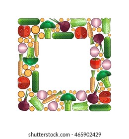Vector colorful vegetables frame on white background.