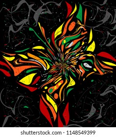 Vector colorful vibrant abstraction of a butterfly from lines on a black background with a pattern of isolates