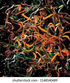 Vector colorful vibrant abstraction of chaos from lines of threads and spots on a black background