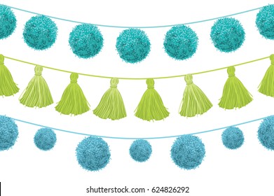 Vector Colorful Vibrant Birthday Party Pom Poms Set On A String Horizontal Seamless Repeat Border Pattern. Great for handmade cards, invitations, wallpaper, packaging, nursery designs.