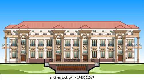 Vector of Colorful view front of 3 storeys tropical classic building with 10 columns, 4 main doors,  24 windows, long roof, decoration like a crown, line element, railing and balustrade.