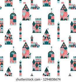 Vector colorful village seamless pattern background. Perfect for textiles, fashion prints, paper backgrounds, sationery and print on demand products