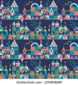 Vector colorful village seamless pattern background. Perfect for textiles, fashion prints, paper backgrounds, sationery and print on demand products