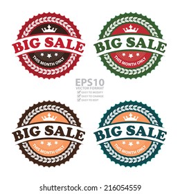 Vector : Colorful Vintage Big Sale This Month Only Icon, Badge, Sticker or Label Isolated on White Background 