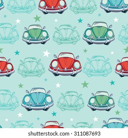 Vector Colorful Vintage Cars Seamless Pattern. Funny Headlights. Auto Repair