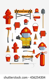 Vector Colorful vintage flat icon set. illustration for infographic. Firefighter Equipment and volunteer emblem
