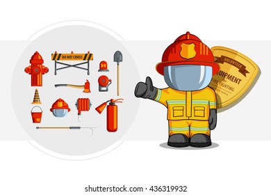 Vector Colorful vintage flat icon set. illustration for infographic. Firefighter Equipment and volunteer emblem