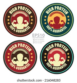 Vector : Colorful Vintage High Protein 100% Guarantee Icon, Badge, Sticker or Label Isolated on White Background 