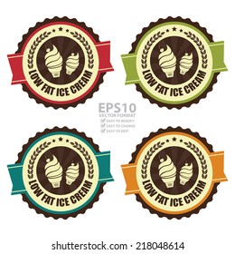 Vector : Colorful Vintage Low Fat Ice Cream Icon, Badge, Sticker Or Label Isolated On White Background 