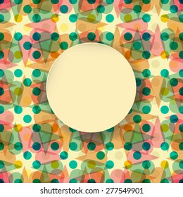 Vector colorful vintage polka dot background with place for you text. Greeting card template on seamless pattern backdrop