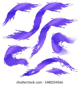Vector colorful violet set of paint brushstrokes or splashes. Abstract curly oil or acrylic  stains and spots. For cards, invitations, fabrics, wallpapers, template for design and decoration.