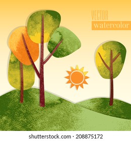 Vector colorful watercolor applique with cartoon forest landscape  