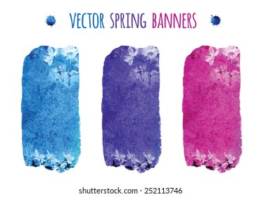 Vector colorful watercolor background. Abstract grunge banners. Bright green and blue spring modern design template with place for your text. Frame from watercolor stains. Brush stroke element.