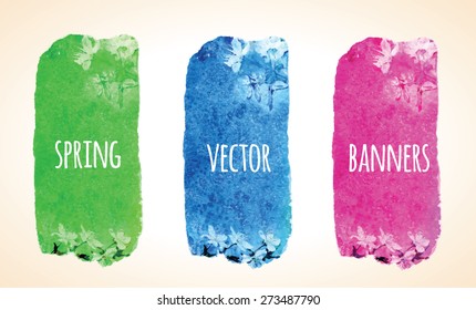Vector colorful watercolor background. Abstract grunge banners. Bright green and blue spring modern design template with place for your text. Frame from watercolor stains. Brush stroke element.