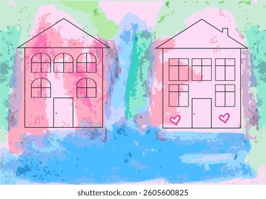 Vector colorful watercolor background and two houses drawing with a black line. Abstract artistic design.	

