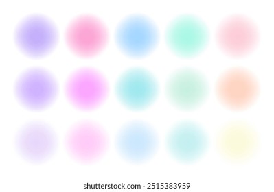 Vector de colores de acuarela círculos de gran conjunto. Desenfocar fondos abstractos, patrón, textura. Colores holográficos. Mancha de salpicaduras de acuarela. Esferas de color borrosas. Vector de conjunto de círculos de morfismo de vidrio. Y2k